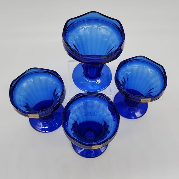 Luminarc French Cobalt Blue Glass Parfait Ice Cream Cup Lot 4 Scalloped VTG - Picture 2 of 10
